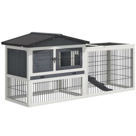 2 Levels Outdoor Rabbit Hutch with Openable Top, 59" Wooden Large Rabbit Cage with Run Weatherproof Roof, Removable Tray, Ramp, Pewter Gray