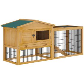 2 Levels Outdoor Rabbit Hutch with Openable Top, 59" Wooden Large Rabbit Cage with Run Weatherproof Roof, Removable Tray, Ramp, Yellow