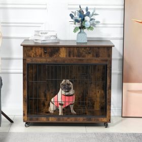 Dog Crate Furniture, Wooden Dog House, Decorative Dog Kennel with Drawer, Indoor Pet Crate End Table for Small Dog, Steel-Tube Dog Cage, Chew-Proof (Color: as Pic)